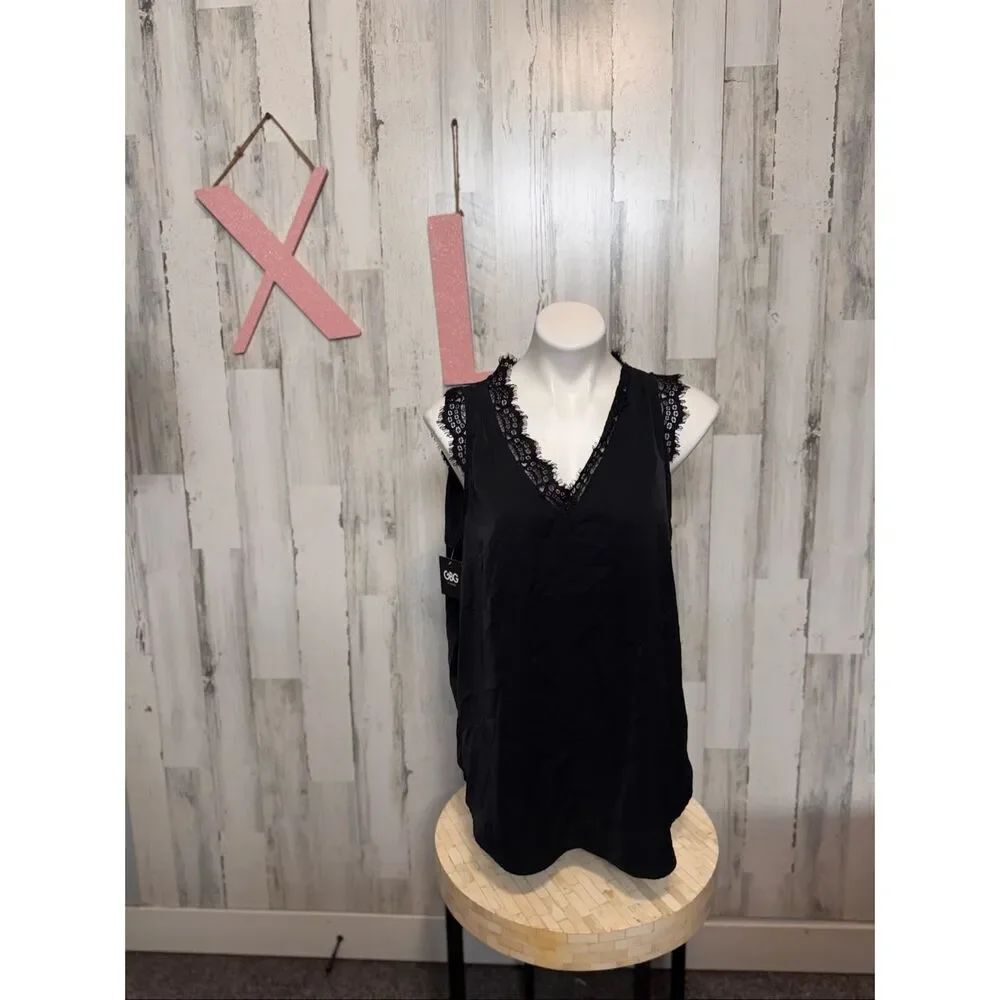 GBGโSolid Black Lace Trim Tank Top Womens Size Large XL Sleeveless V-Neck Blouse